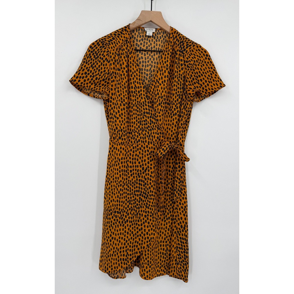 J Crew Dress Womens 2 Orange Black Animal Print Short Sleeve‎ Wrap Spring Summer